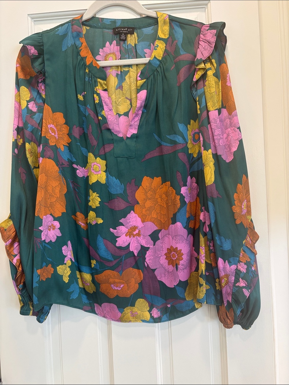 Current Air Forest Green Floral V-Neck Ruffle Blouse